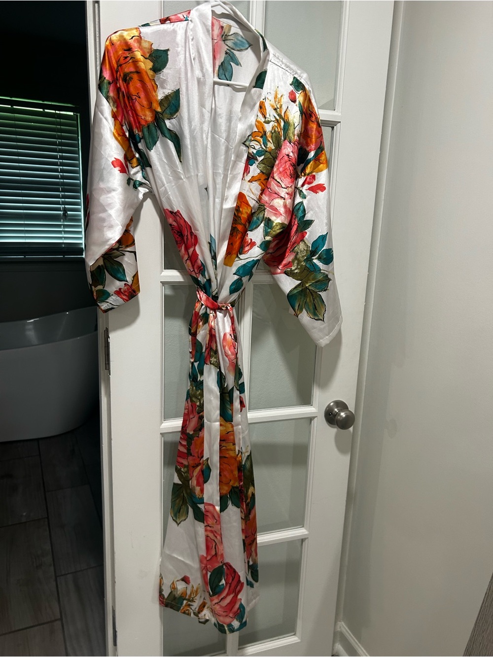 Floral Satin Robe in White with Pink & Orange Roses -